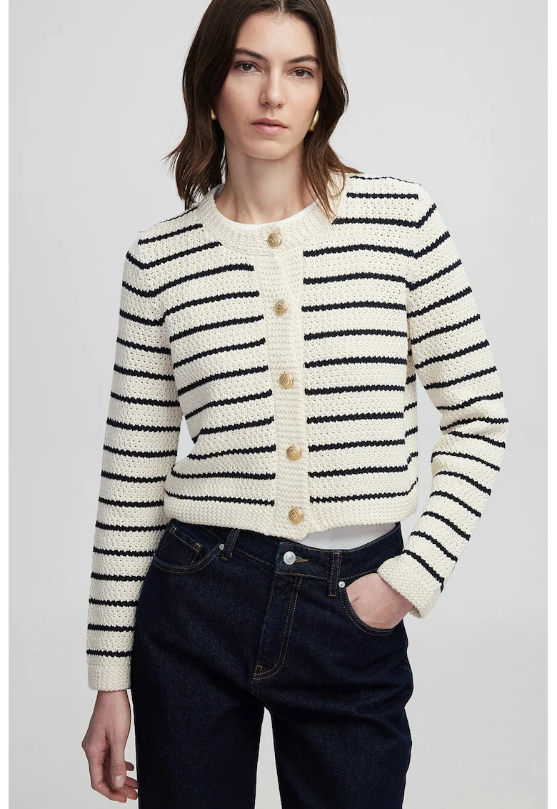Cardigan cu model in dungi si inchidere cu nasturi, Alb fildes/Albastru ultramarin