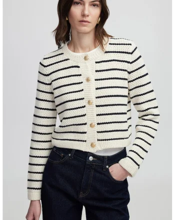 Cardigan cu model in dungi si inchidere cu nasturi, Alb fildes/Albastru ultramarin