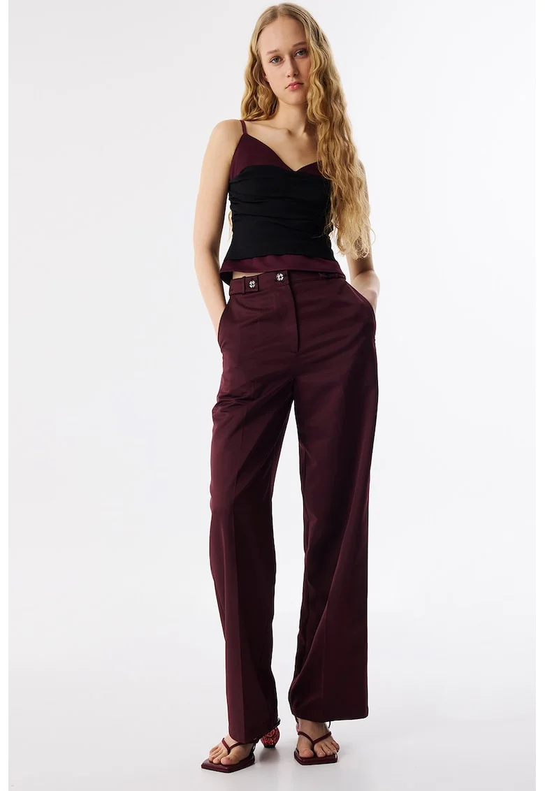 Pantaloni cu croiala ampla si talie inalta, Violet pruna