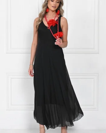 Colier lung, rosu mat cu doua flori din organza