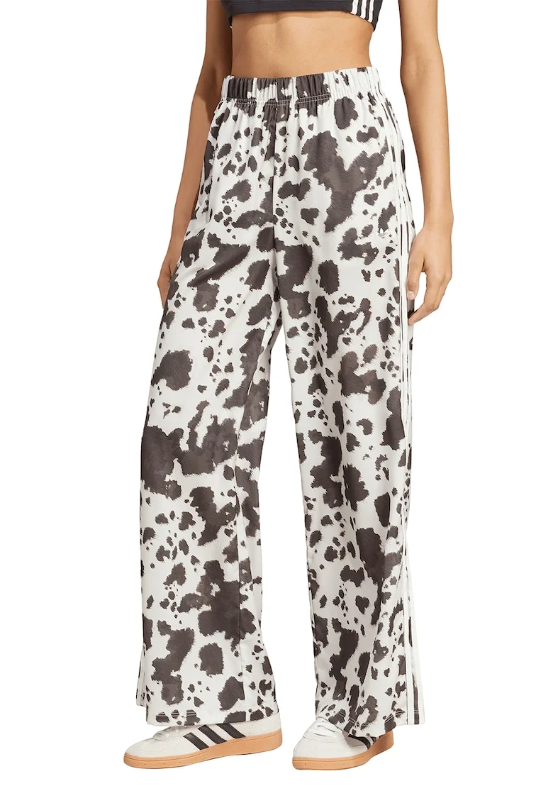 Pantaloni evazati cu model si talie inalta, Alb fildes/Maro