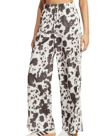 Pantaloni evazati cu model si talie inalta, Alb fildes/Maro