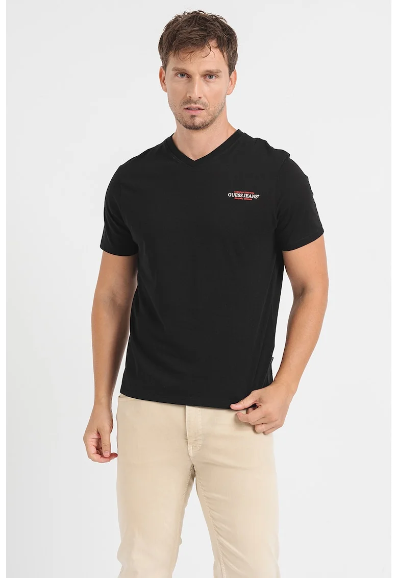 Tricou din bumbac cu decolteu in V, Negru