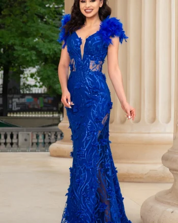 Rochie lunga albastra sirena Alejandra cu glitter si flori decorative