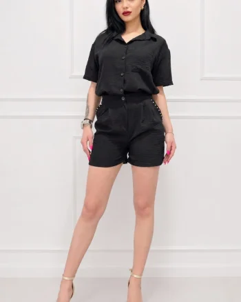 Compleu casual cu bumbac, cristale KARMELL, si pantaloni scurti, Negru