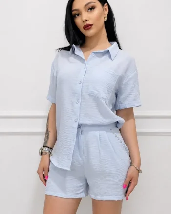 Compleu casual cu bumbac, cristale KARMELL, si pantaloni scurti, Baby Blue