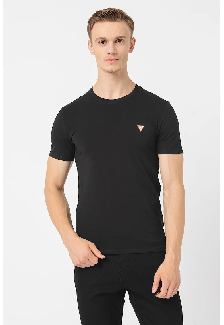 Tricou slim-fit cu decolteu la baza gatului, Negru