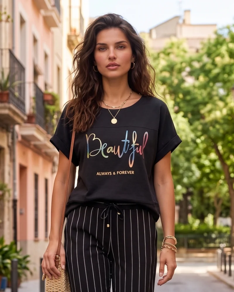 Tricou din in și bumbac cu print Beautiful negru - Unica S-L