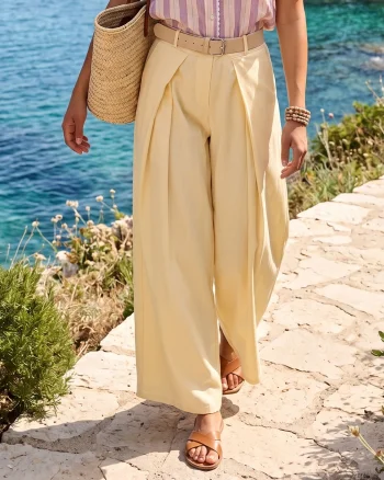 Pantaloni largi cu dungi și pense galben - Unica S-L