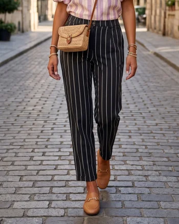 Pantaloni cu dungi și manșetă negru - Unica S-L
