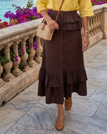 Fustă cu volane în talie și nasturi maro - S/M