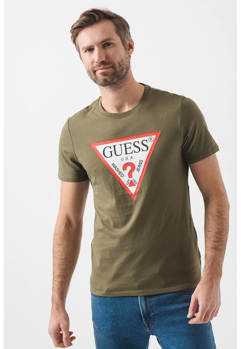 Tricou slim fit cu logo, Kaki