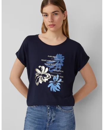 Tricou lejer cu decolteu rotund, Auriu/Albastru ultramarin