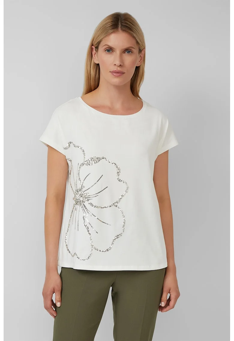 Tricou cu decolteu rotund si model floral, Alb murdar/Argintiu