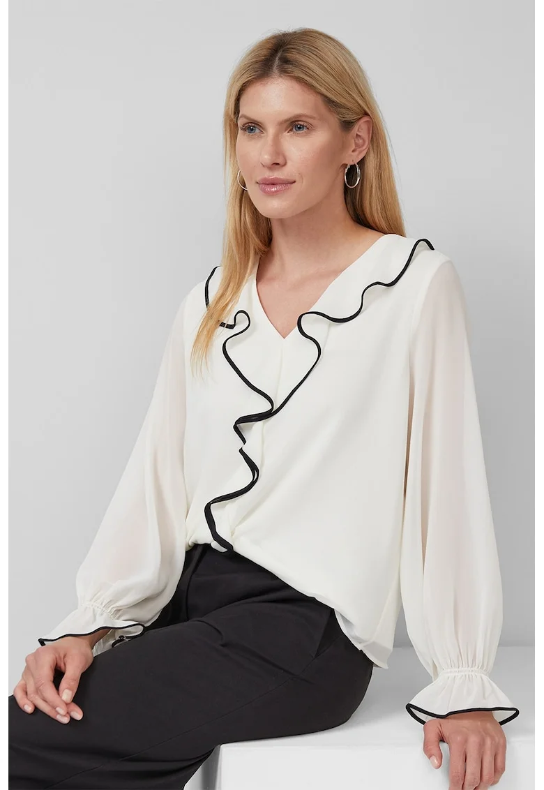 Bluza cu decolteu in V si volane, Negru stins/Alb murdar