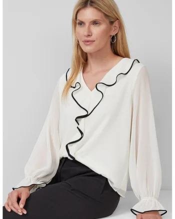 Bluza cu decolteu in V si volane, Negru stins/Alb murdar