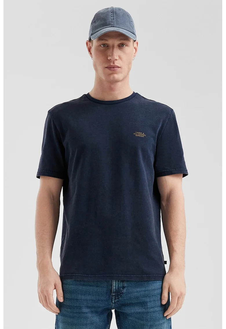 s.Oliver, Tricou de bumbac cu decolteu la baza gatului si text, Bleumarin