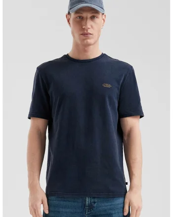 s.Oliver, Tricou de bumbac cu decolteu la baza gatului si text, Bleumarin