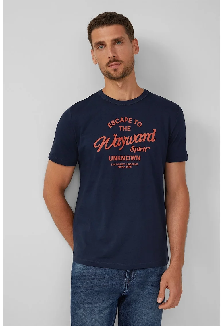 Tricou cu logo si decolteu la baza gatului, Coral/Bleumarin
