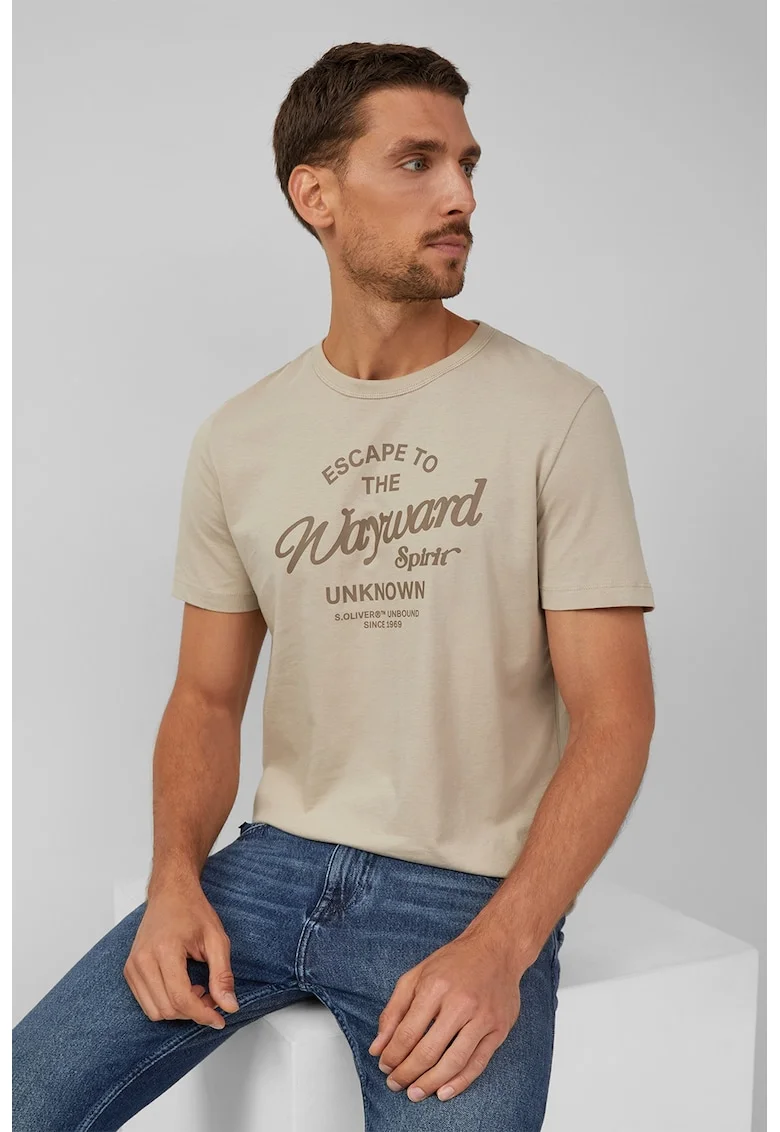 Tricou cu logo si decolteu la baza gatului, Bej deschis