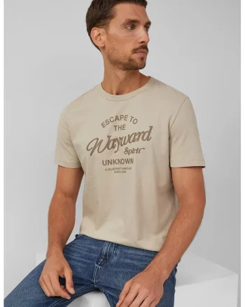 Tricou cu logo si decolteu la baza gatului, Bej deschis