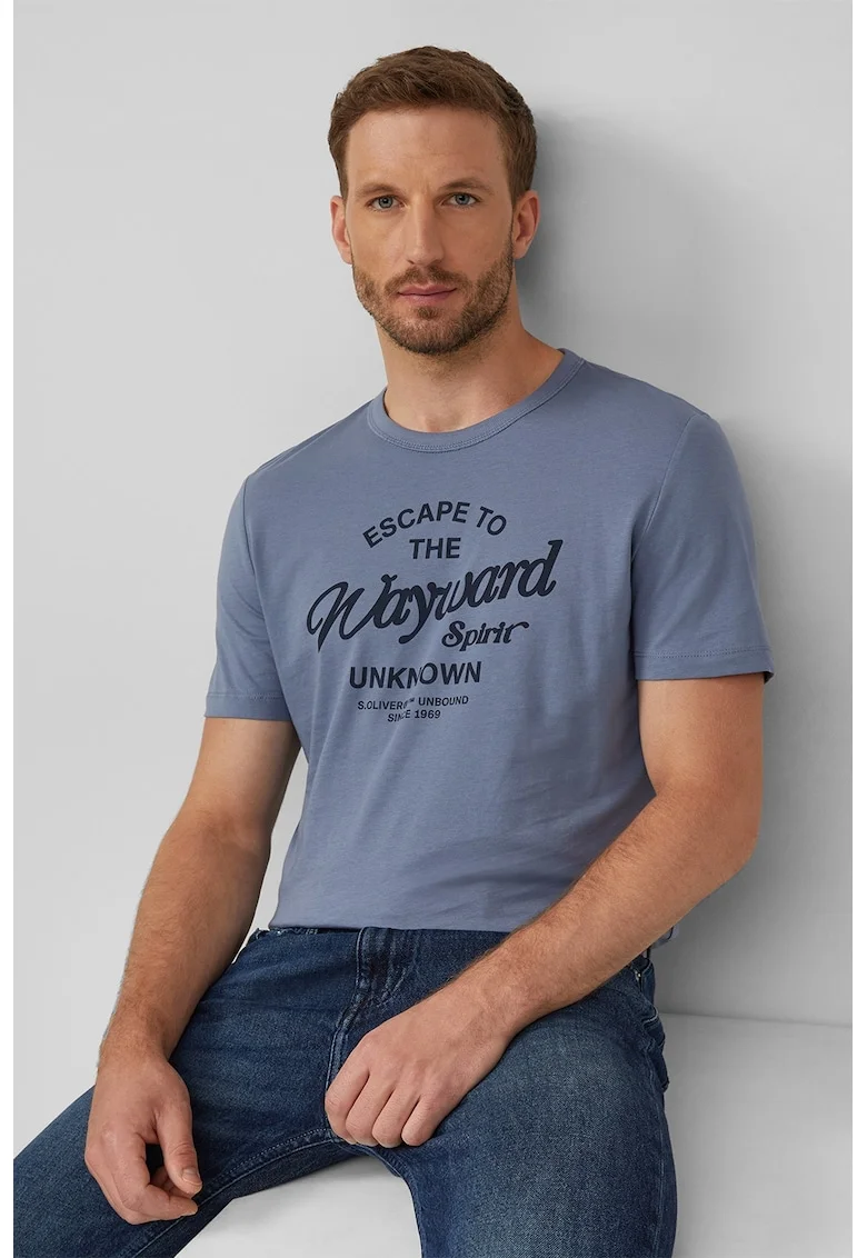 Tricou cu logo si decolteu la baza gatului, Albastru inchis