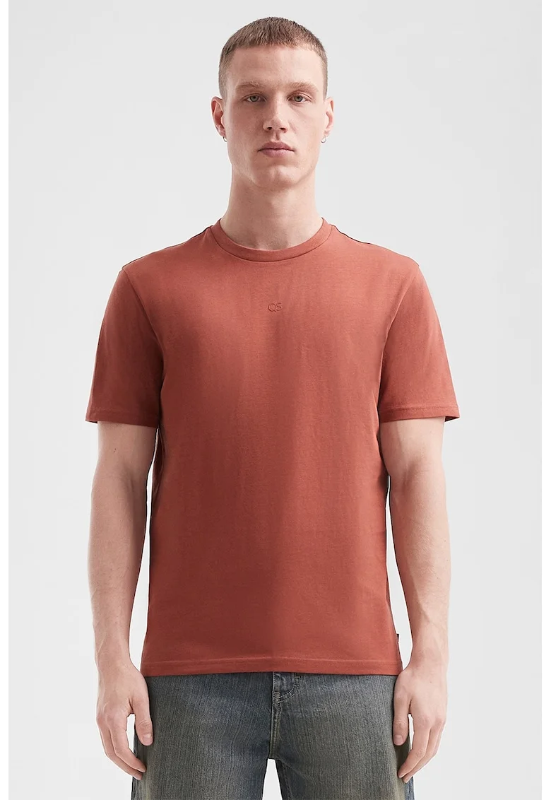 Tricou de bumbac cu decolteu la baza gatului, Caramiziu