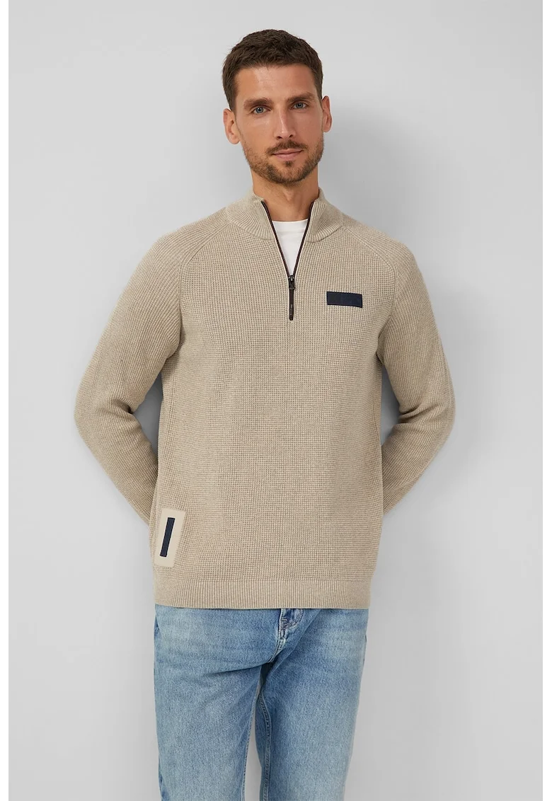 Pulover cu fermoar contrastant, Maro taupe deschis