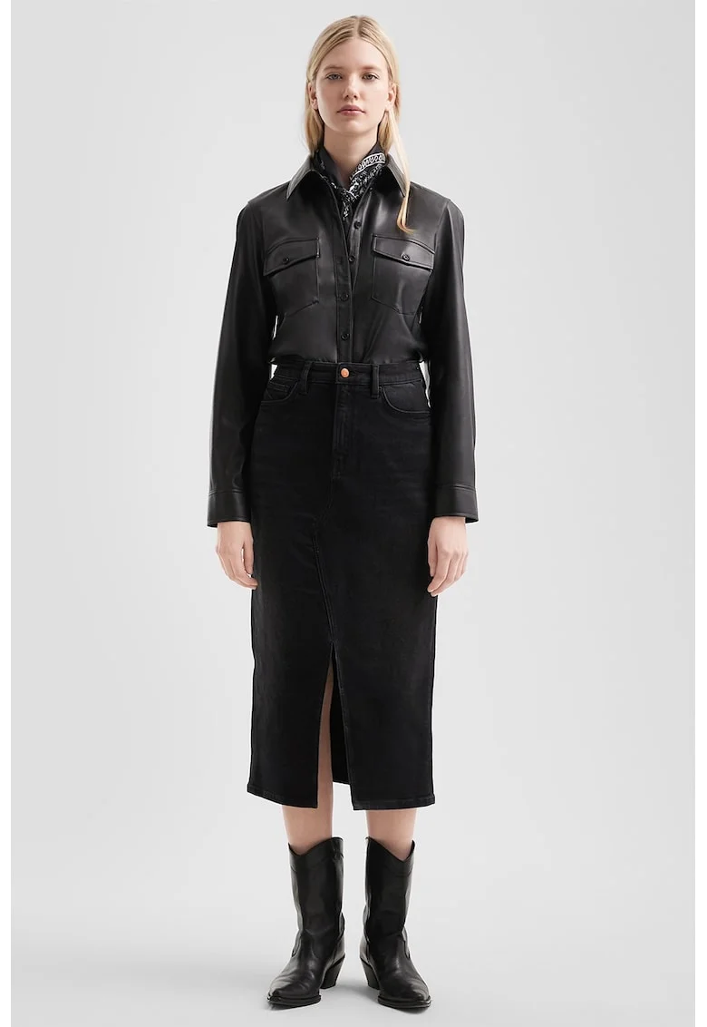 Fusta midi de denim cu slit frontal, Negru