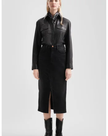 Fusta midi de denim cu slit frontal, Negru