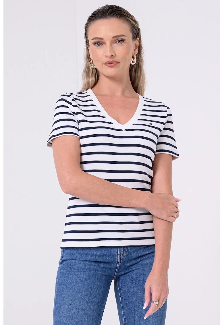 Tricou slim fit cu decolteu in V Cody, Alb/Bleumarin
