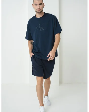 Tricou cu decolteu la baza gatului si logo brodat, Albastru indigo