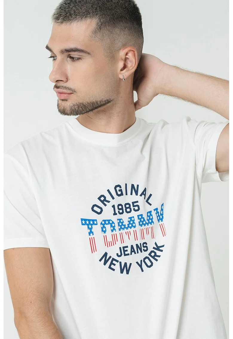 Tricou de bumbac cu decolteu la baza gatului, Alb/Albastru