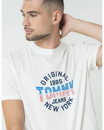 Tricou de bumbac cu decolteu la baza gatului, Alb/Albastru