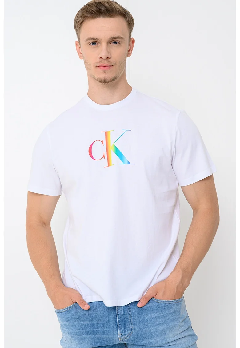Tricou de bumbac cu imprimeu logo, Alb optic