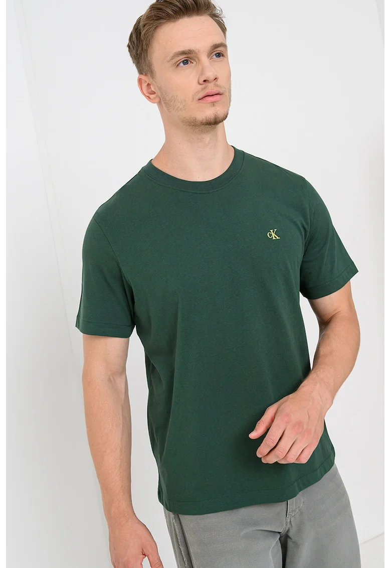 Tricou din bumbac cu decolteu la baza gatului, Verde inchis