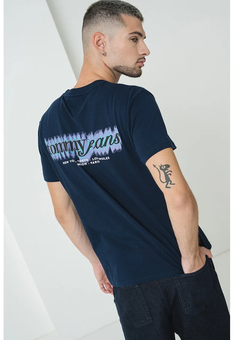 Tricou cu decolteu la baza gatului si imprimeu pe partea din spate, Verde/Bleumarin