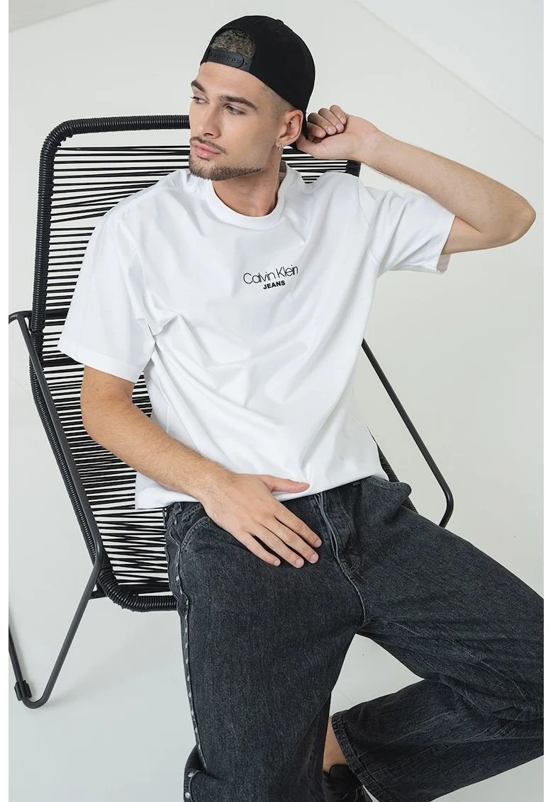 Tricou lejer cu imprimeu logo, Negru/Alb optic