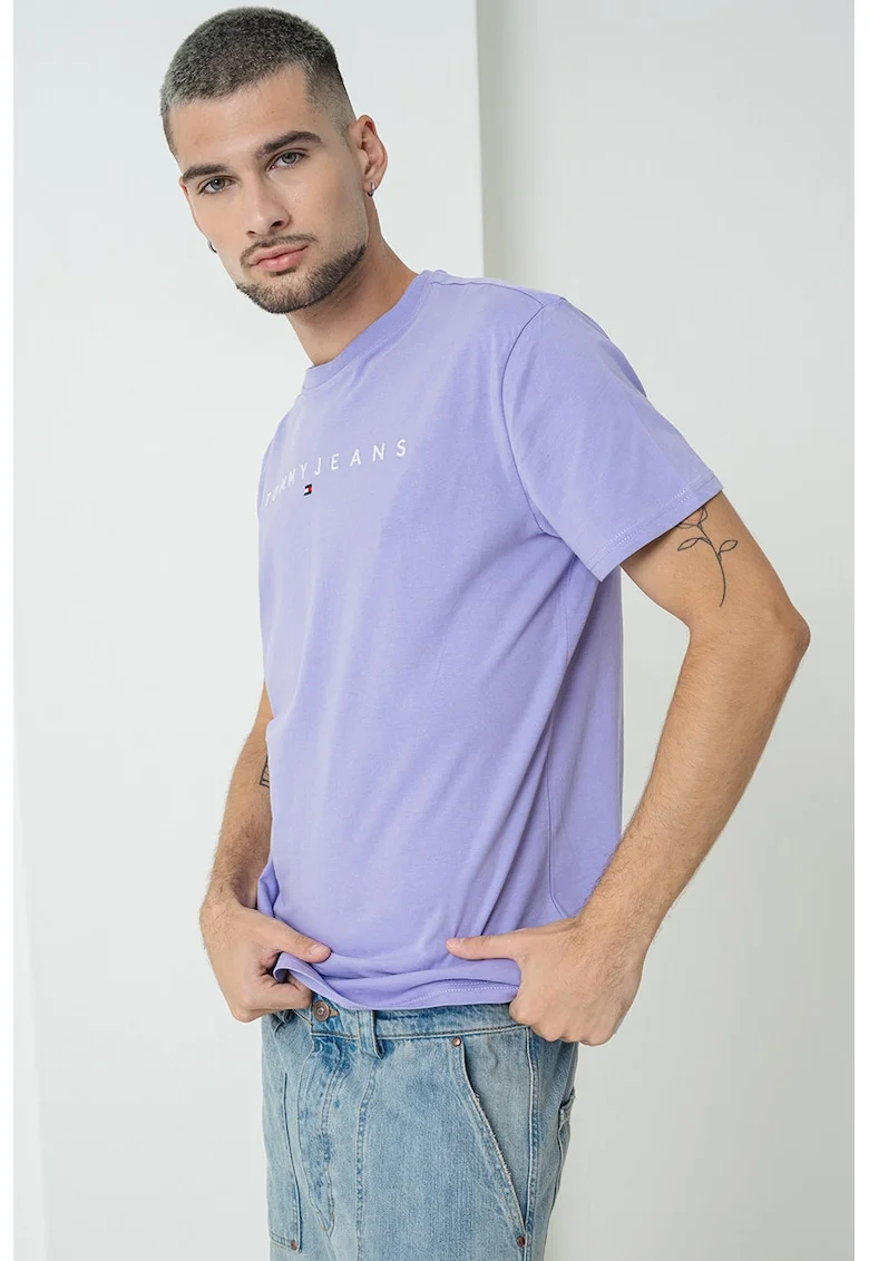 Tricou de bumbac cu logo brodat, Lila