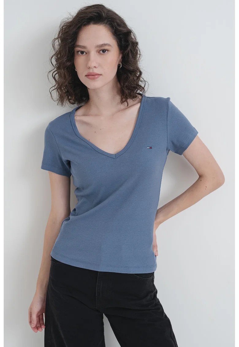 Tricou slim fit cu decolteu in V, Gri carbune