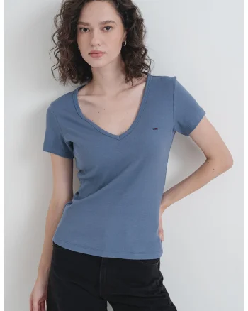 Tricou slim fit cu decolteu in V, Gri carbune