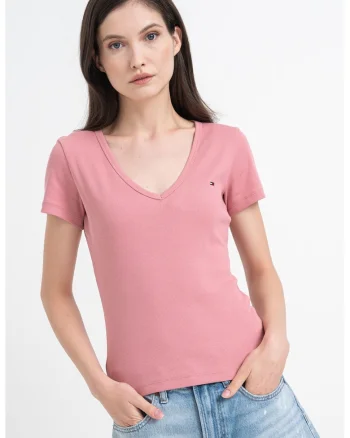 Tricou slim fit cu decolteu in V, Roz/Roz prafuit