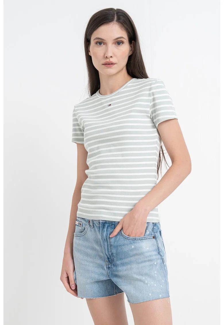 Tricou slim fit striat, Alb fildes/Verde feriga