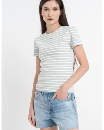 Tricou slim fit striat, Alb fildes/Verde feriga