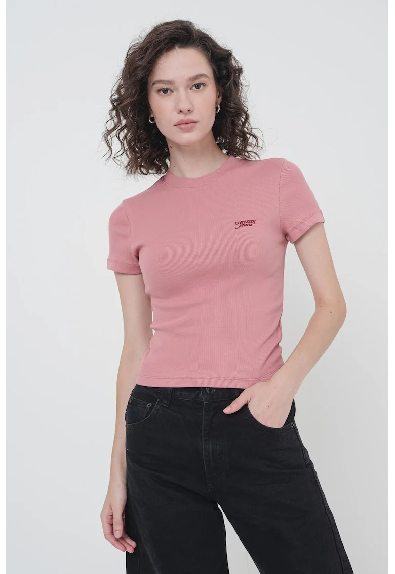 Tricou slim fit cu broderie logo, Roz prafuit