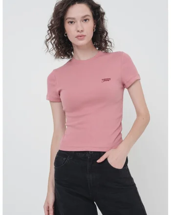 Tricou slim fit cu broderie logo, Roz prafuit