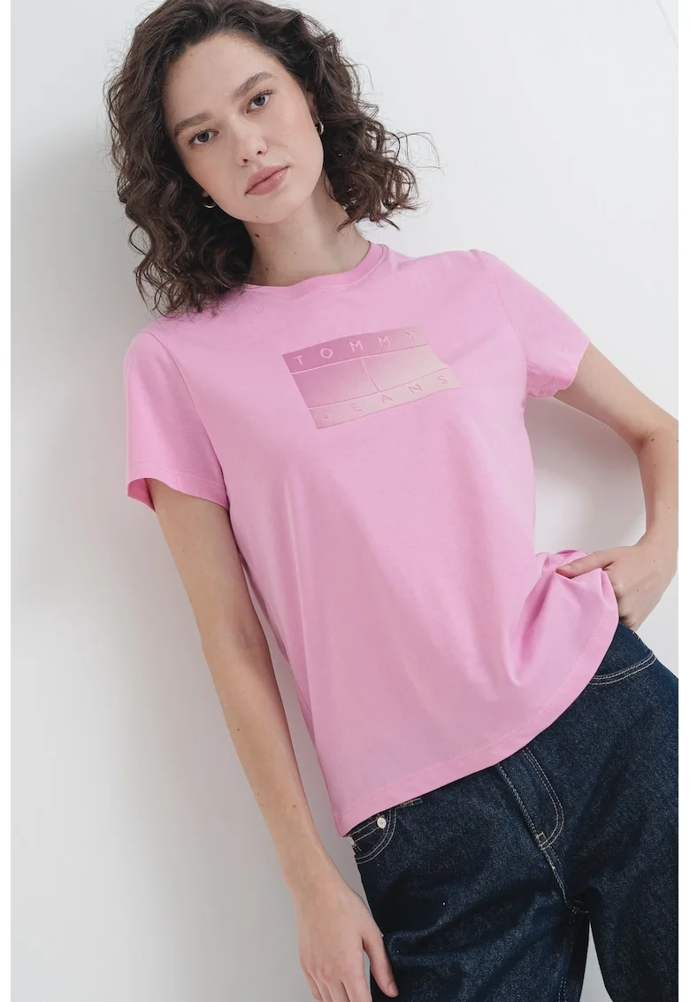 Tricou cu imprimeu si decolteu la baza gatului, Roz/Roz prafuit