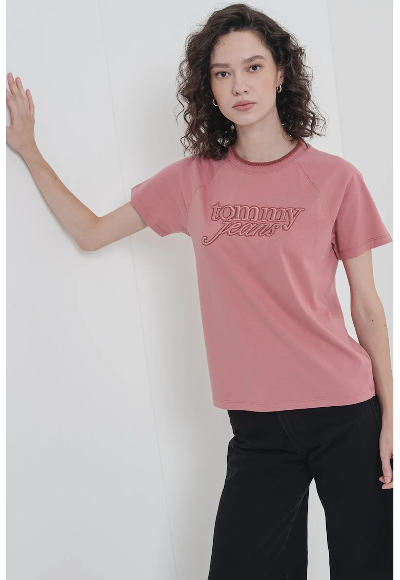 Tricou din amestec de bumbac cu broderie logo, Roz prafuit