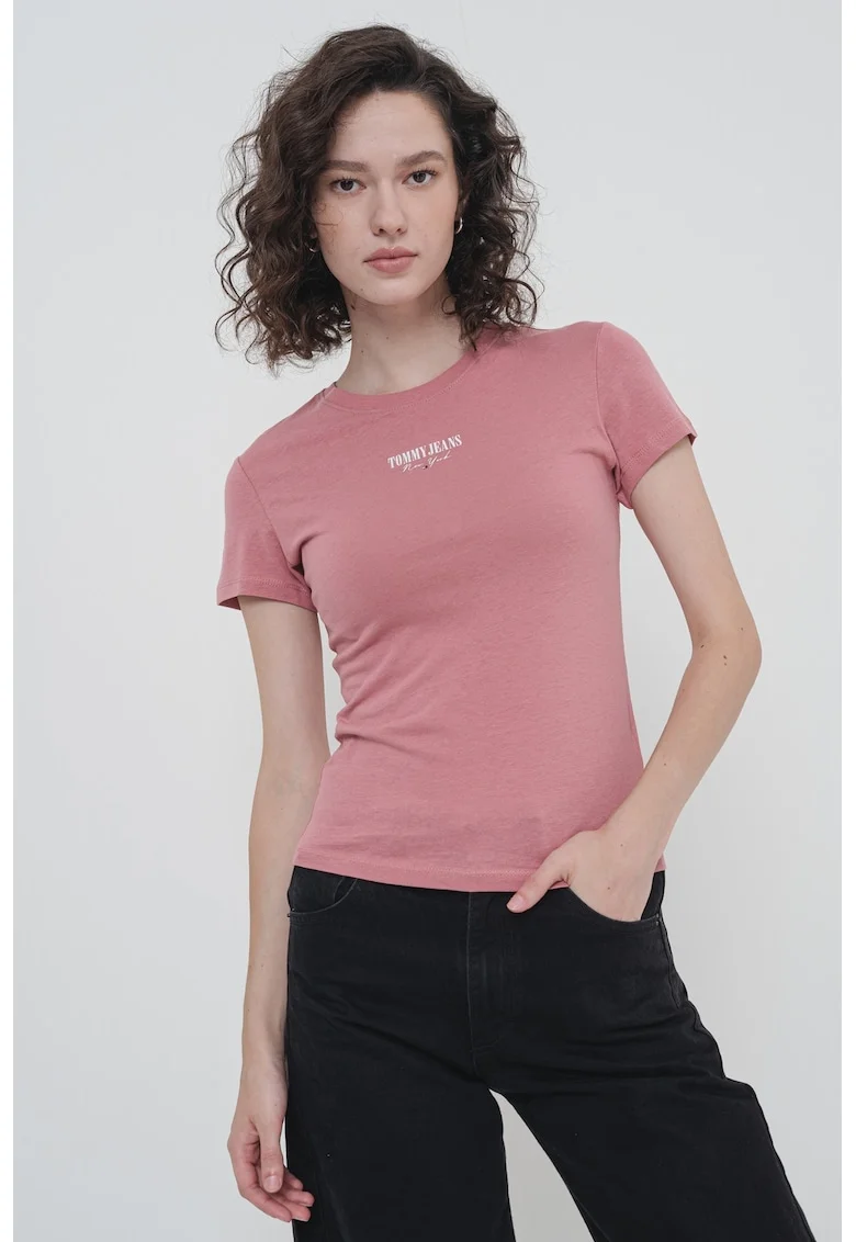 Tricou slim fit cu imprimeu logo, Roz prafuit