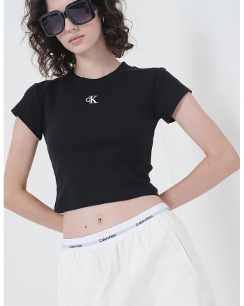 Tricou crop cu decolteu la baza gatului, Negru